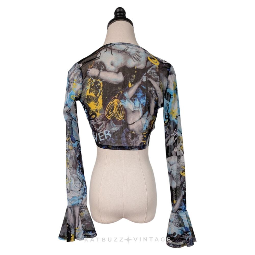 Y2K Mesh Shrug Top S Blue Back Crop Fairy Whimsigoth Tie Cardigan Floral Euro - Picture 2 of 11